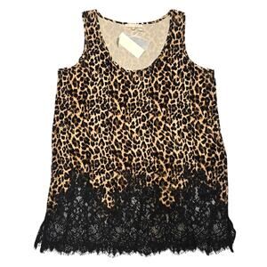 Gold Hawk Leopard Print Silk Blend Lace Hem Tunic Tank S NWT